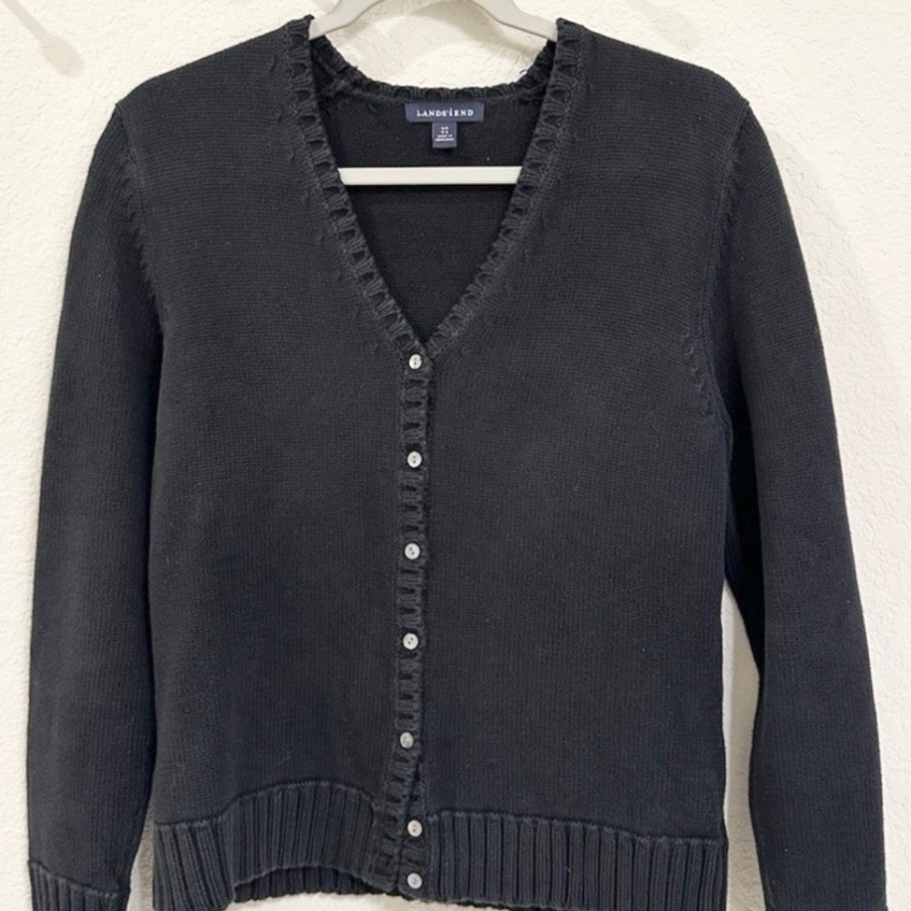 Lands End Cardigan V-Neck Button Front Knit Womens XL Black‎